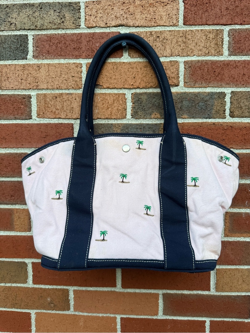 J.Crew Pink Palm Tree Embroidered Canvas Tote Bag Navy Trim Beach Preppy